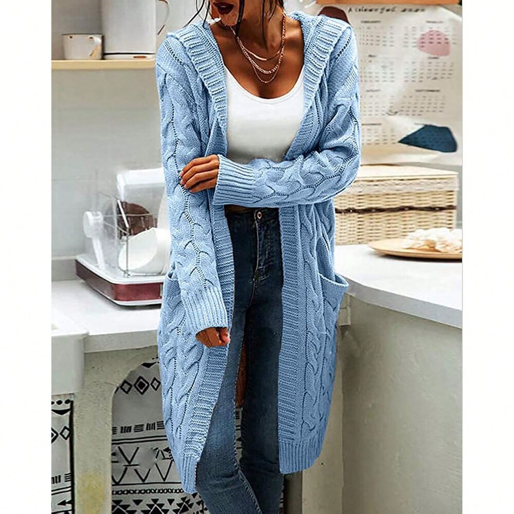 Sky Blue Casual Women's Cable Knit Long Sleeve Hooded Cardigan with Pocket - Picture 3 of 4